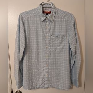 Simms Fishing Long Sleeve Button Down Shirt Blue Check Seersucker Large